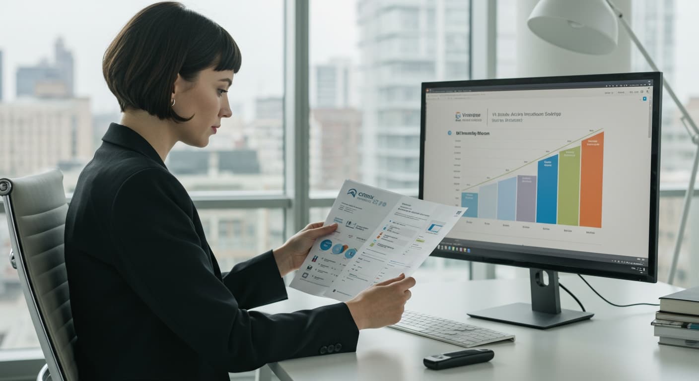 Businesswoman analyzing Citrix VDI performance metrics on a desktop, symbolizing centralized management and productivity insights.