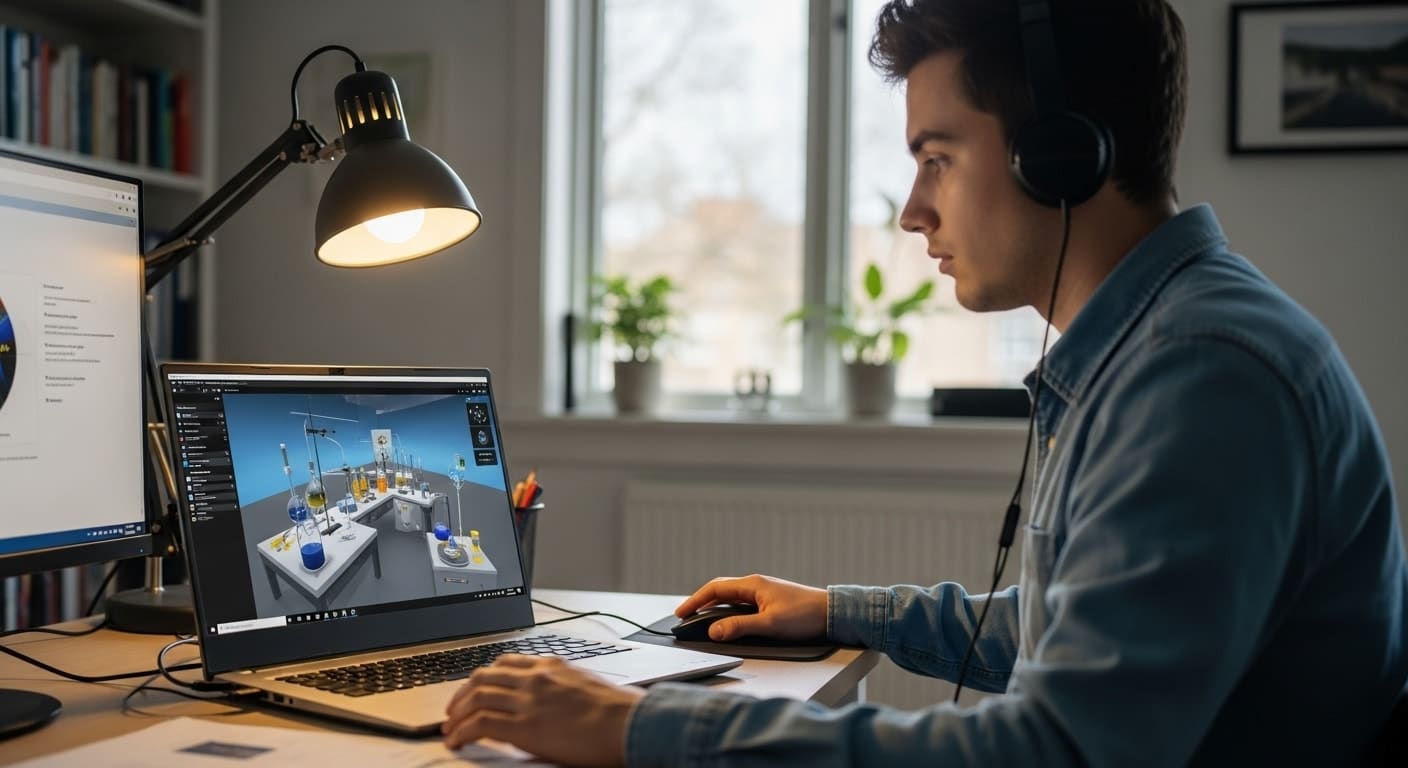 Student completing a 3D chemistry experiment inside virtual labs on a laptop from a home study workspace.
