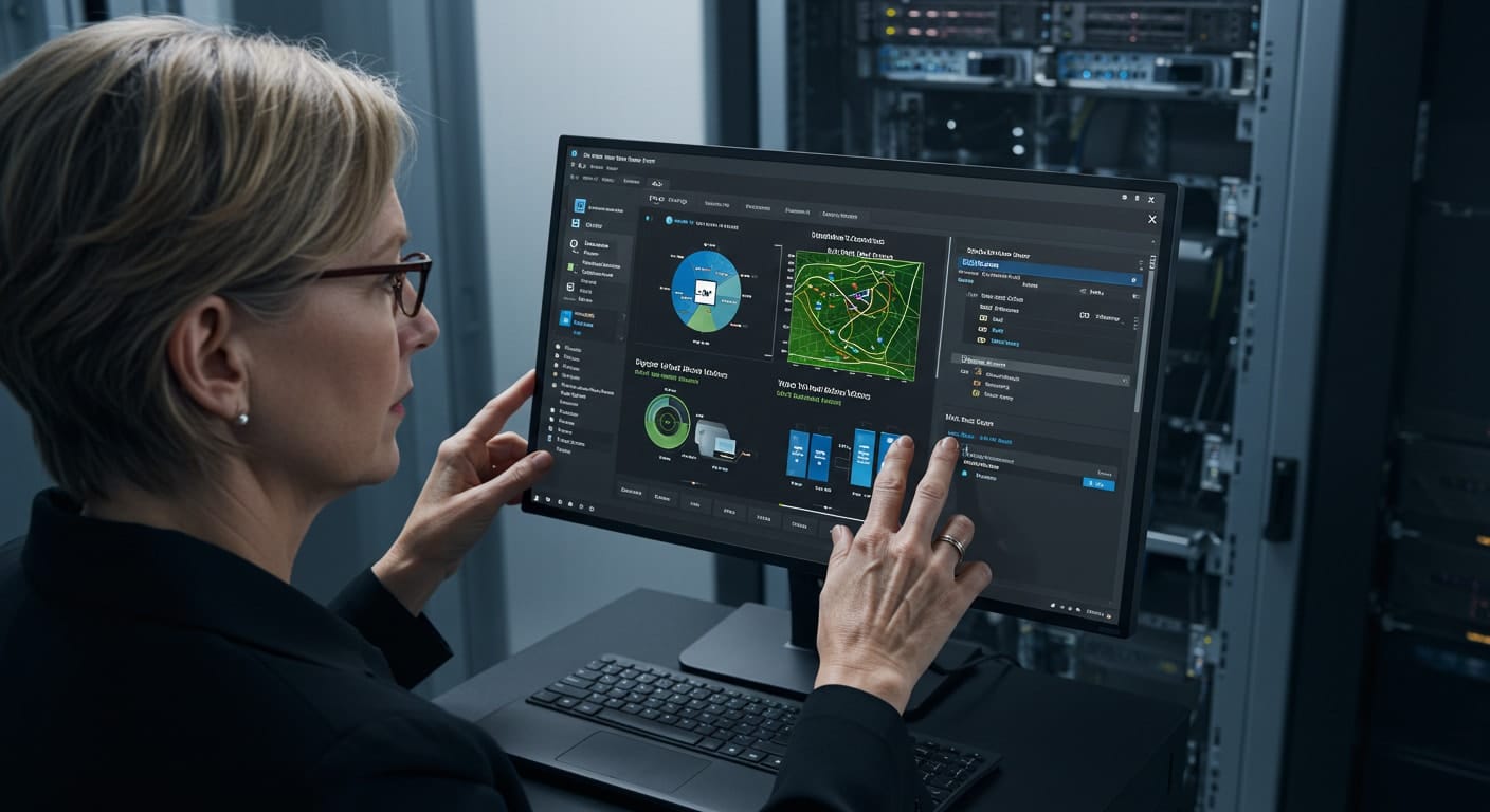 IT administrator using Hyper-V management tools to monitor virtual machines in a Windows Server environment