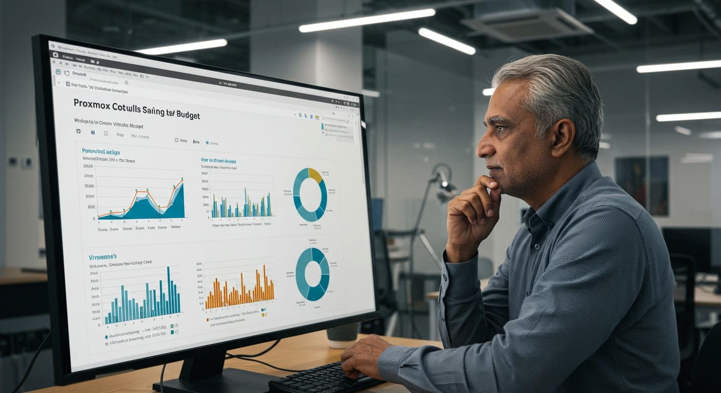 IT manager reviewing cost analysis dashboards comparing Proxmox vs VMware budget savings and licensing expenses.