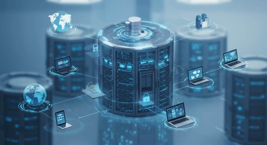 Illustration of interconnected computers and servers highlighting vdi benefits such as centralized management and secure remote access