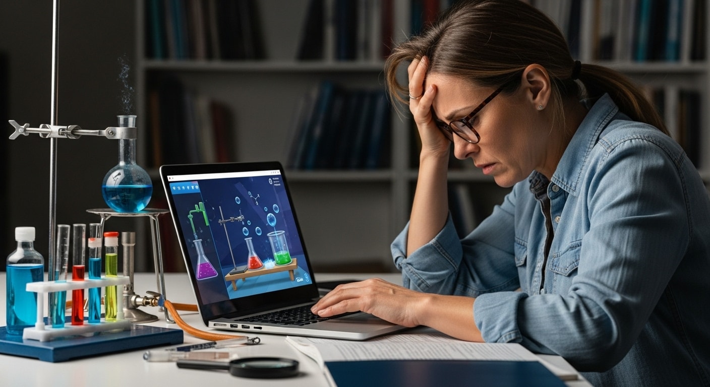 Educator struggling to adapt to online chemistry simulations, highlighting challenges in adopting ed tech for virtual labs.
