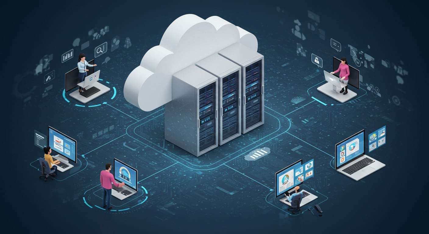Virtual desktop users securely connecting to cloud-hosted servers in a VDI environment, emphasizing centralized access control.
