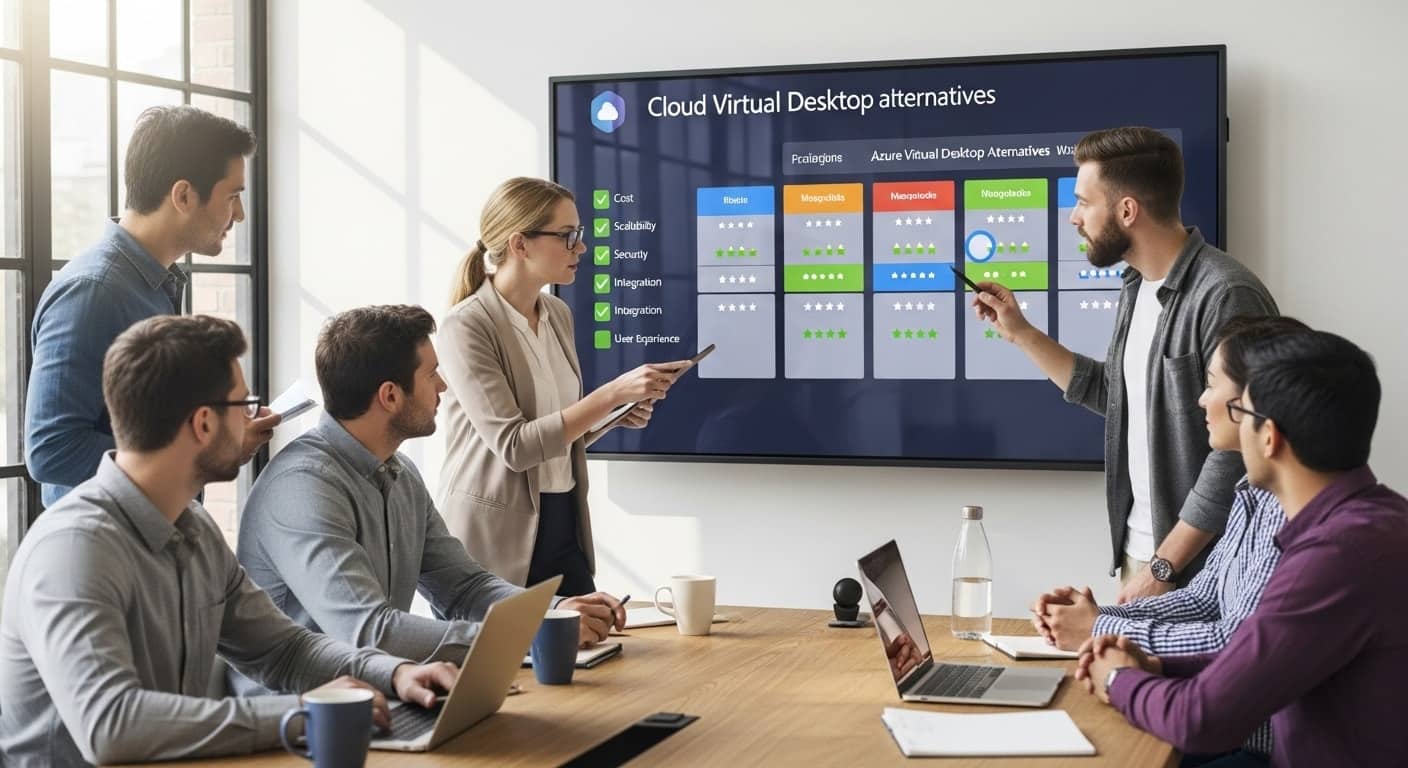 Team of professionals analyzing feature comparison chart for cloud virtual desktop platforms, evaluating the best Azure Virtual Desktop alternative.