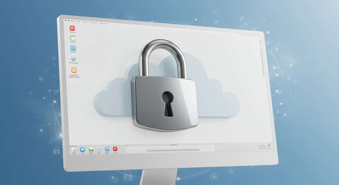 Secure cloud desktop interface with lock icon, symbolizing centralized VDI security in contrast to VPN’s endpoint exposure.