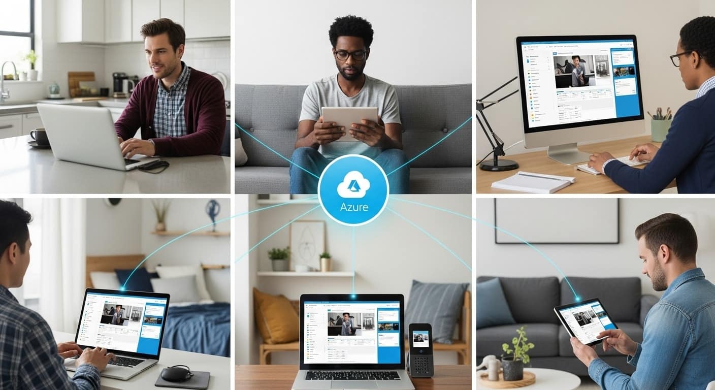 Remote employees using cloud-connected devices through Microsoft Azure to access virtual desktops, illustrating what is Azure Virtual Desktop in action.