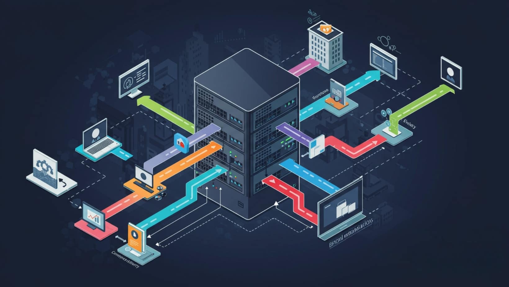 Centralized server illustration showing multiple device connections, emphasizing connectivity aspects in VDI vs RDP solutions