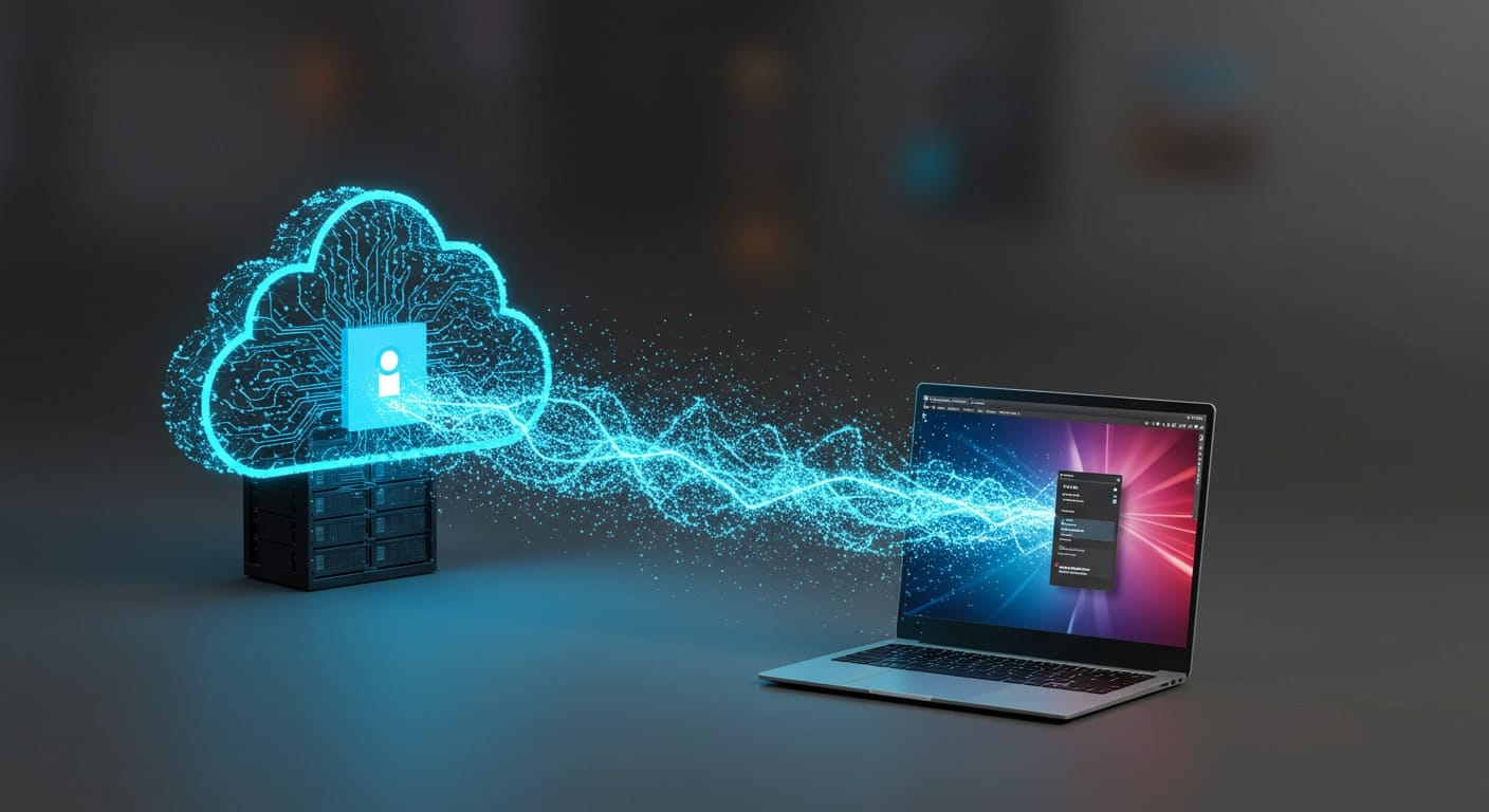 Cloud-based virtual desktop infrastructure streaming data to a laptop, illustrating what is VMware Horizon and how it enables remote access.