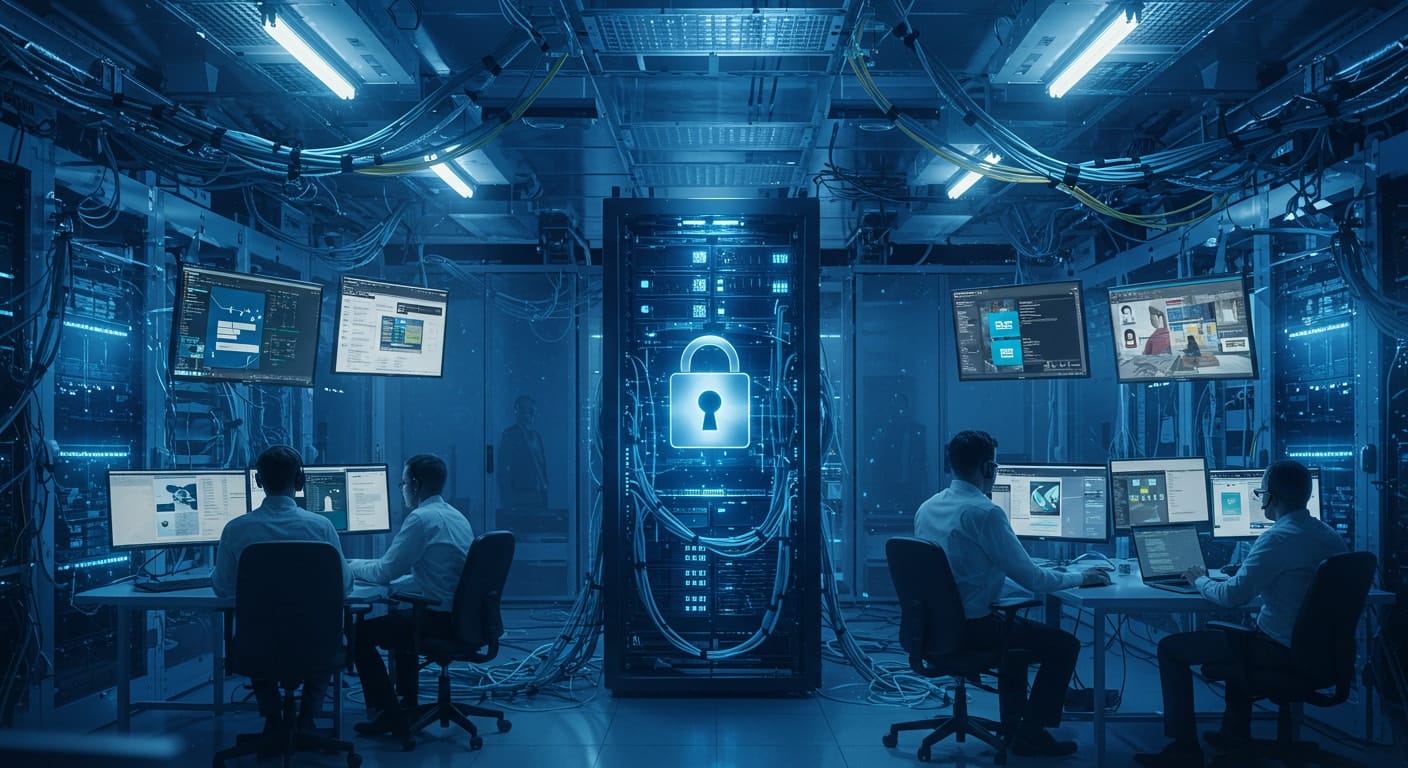 Secure VDI infrastructure in a high-tech data center, featuring centralized servers and real-time monitoring for virtual desktop security.