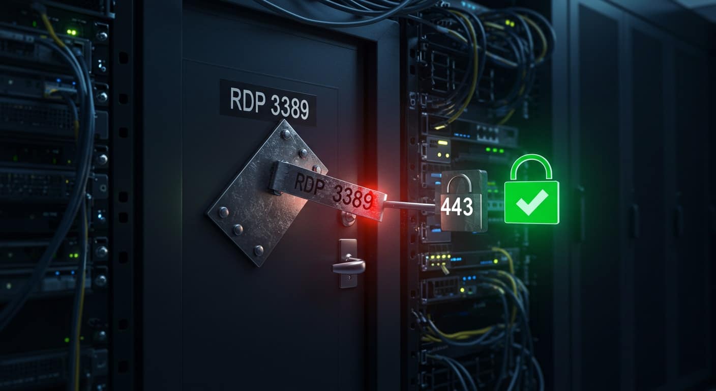 Illustration of RDP port 3389 being closed and redirected to port 443, representing secure configuration to change the RDP port in Windows Firewall.