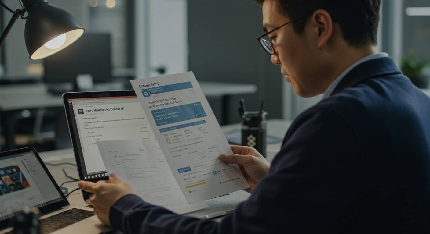 Business professional reviewing Azure Virtual Desktop licensing details and compliance requirements