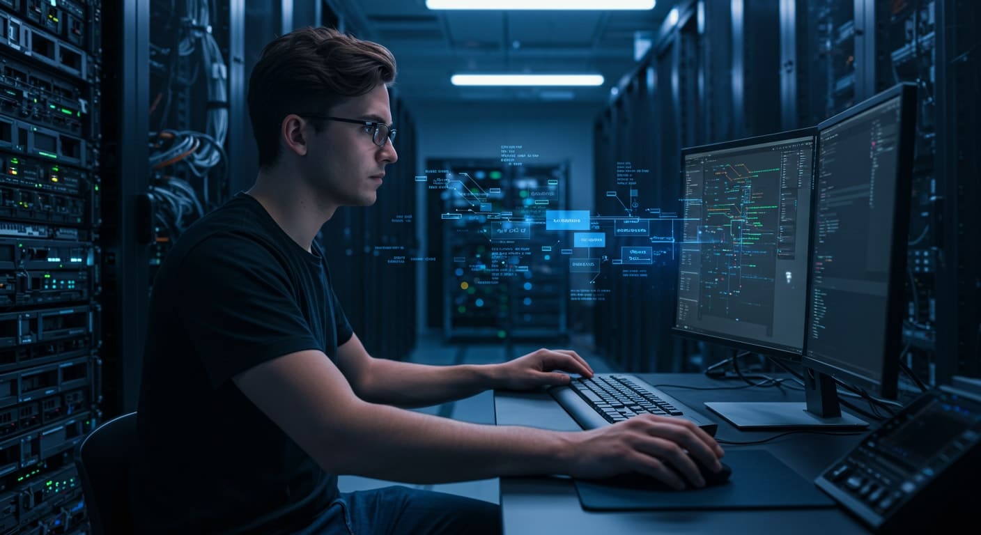 "IT specialist working in data center environment managing virtual infrastructure, highlighting the role of VDI and Remote Desktop technologies