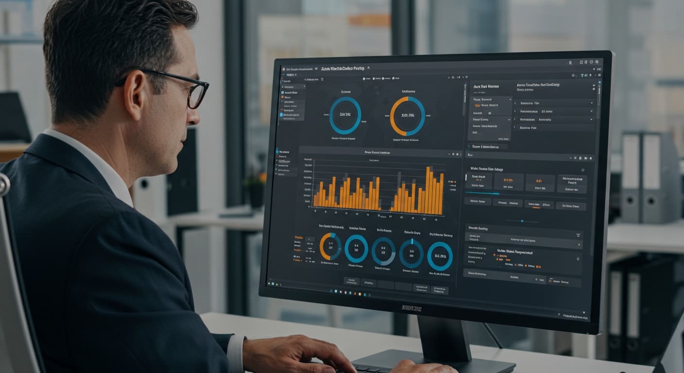 IT professional reviewing Azure Virtual Desktop cost dashboard with compute and storage metrics