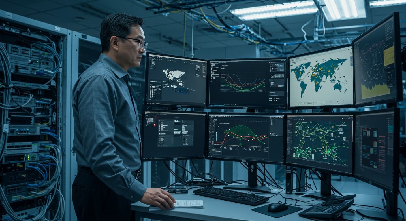 System engineer monitoring Citrix VDA performance metrics and global virtual desktop infrastructure from multiple screens in a data center
