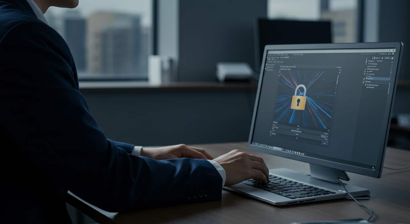 Professional securing a remote desktop session, highlighting the importance of security when learning how to run a RDP server.