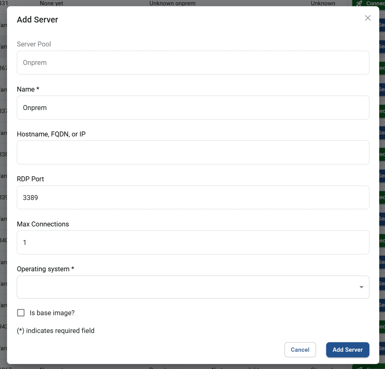 add server pop-up screen for a multi-session pool