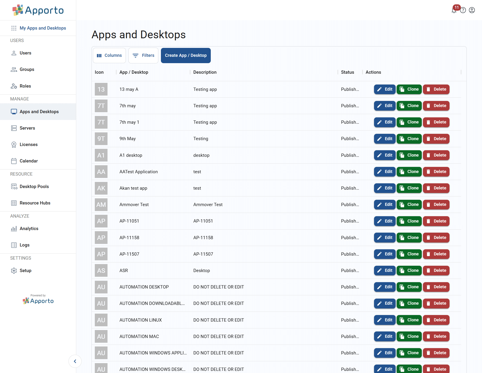 list of apps and desktops