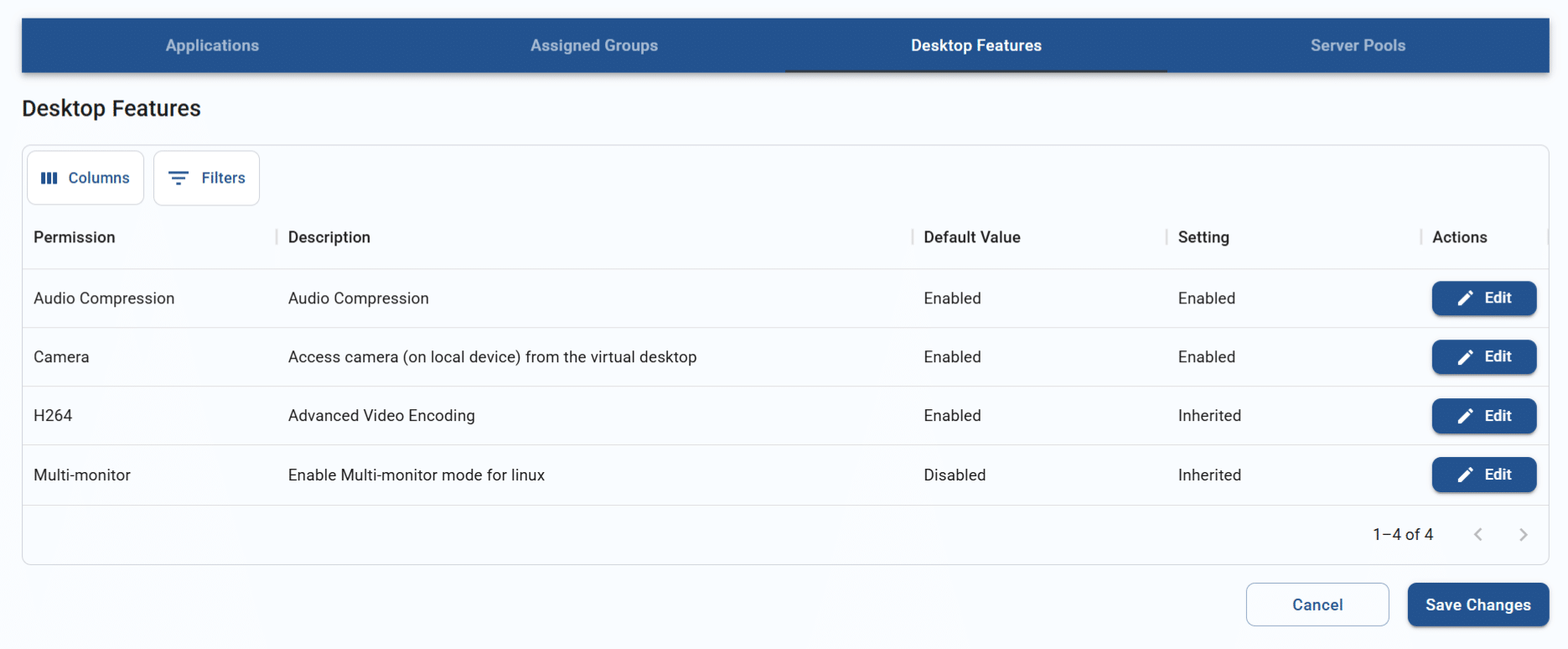desktop features tab for creating a new app or desktop