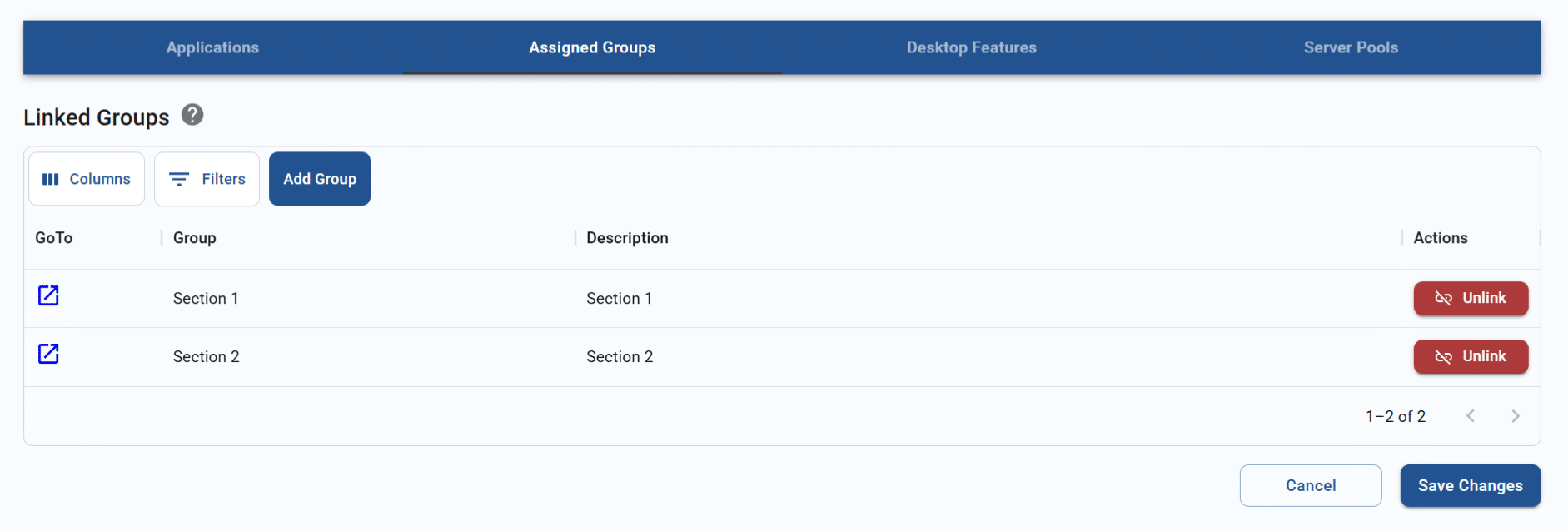 assigned groups tab for creating a new app or desktop