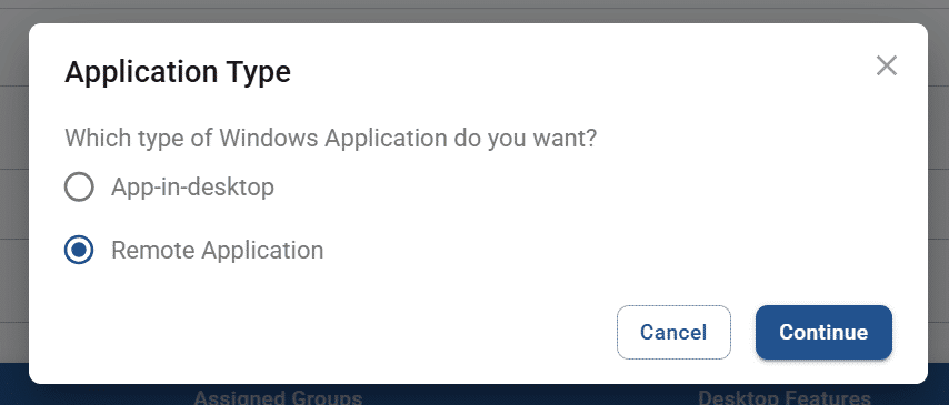 application type prompt for creating a new application
