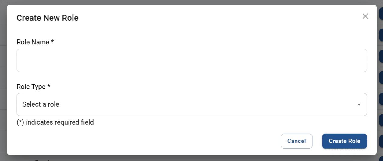 initial view of the create new role pop-up screen