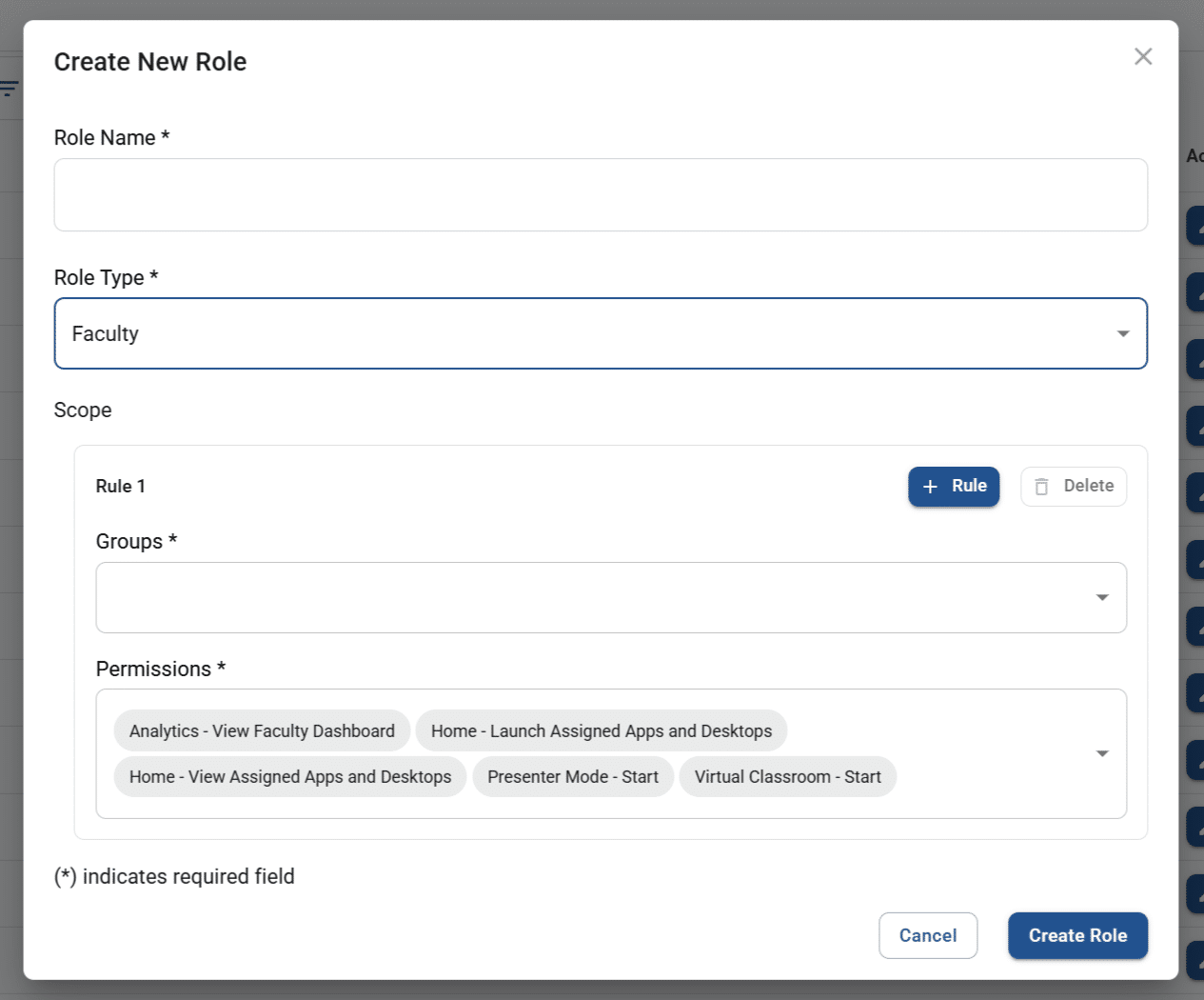 create new role pop-up screen with default permissions for faculty