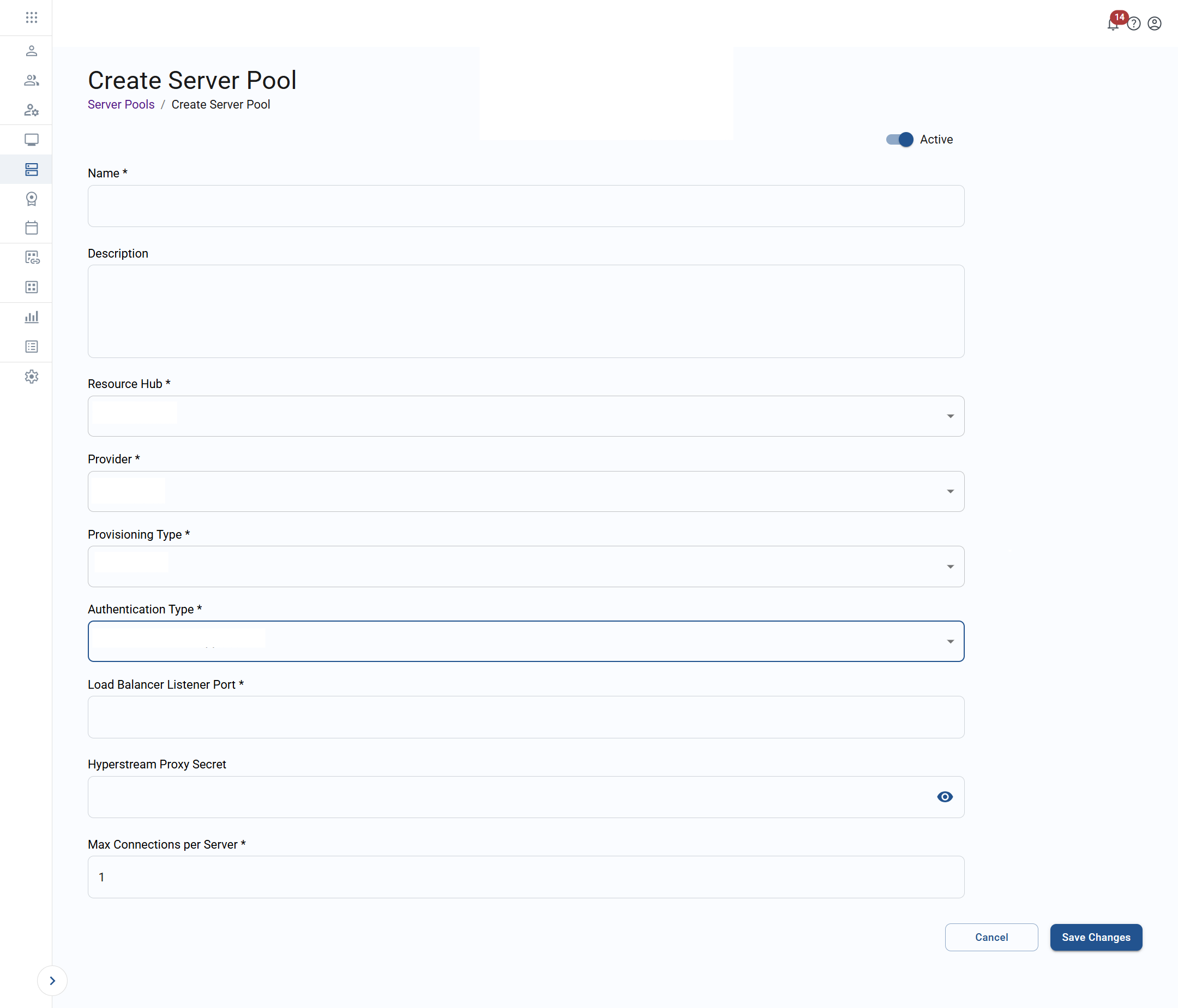 create server pool screen for a multi-session pool