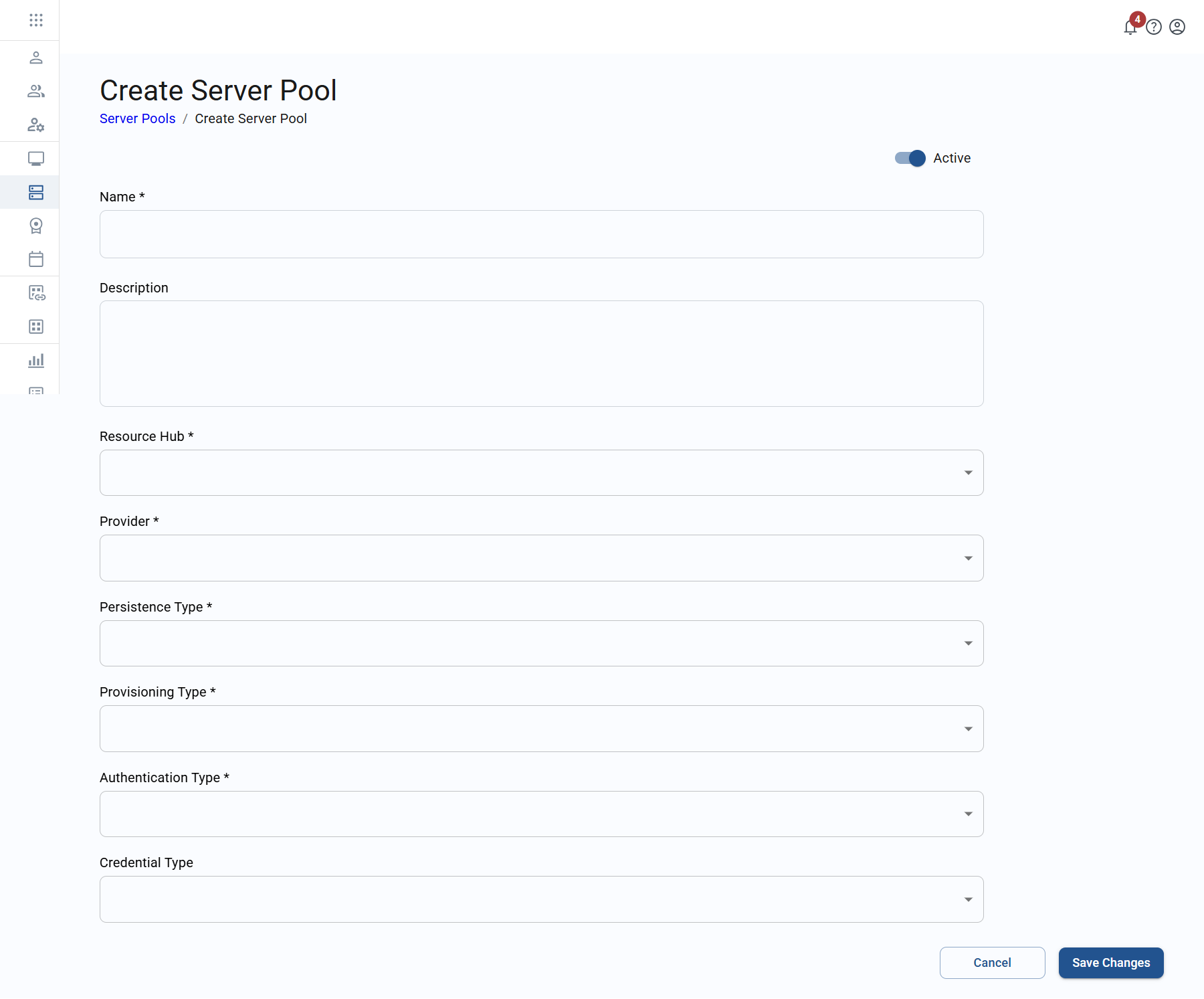 create server pool screen for a single-session pool