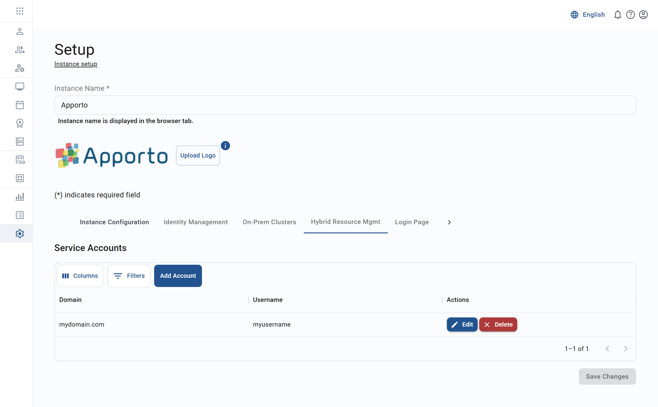 hybrid resource management tab on setup screen with list of service accounts