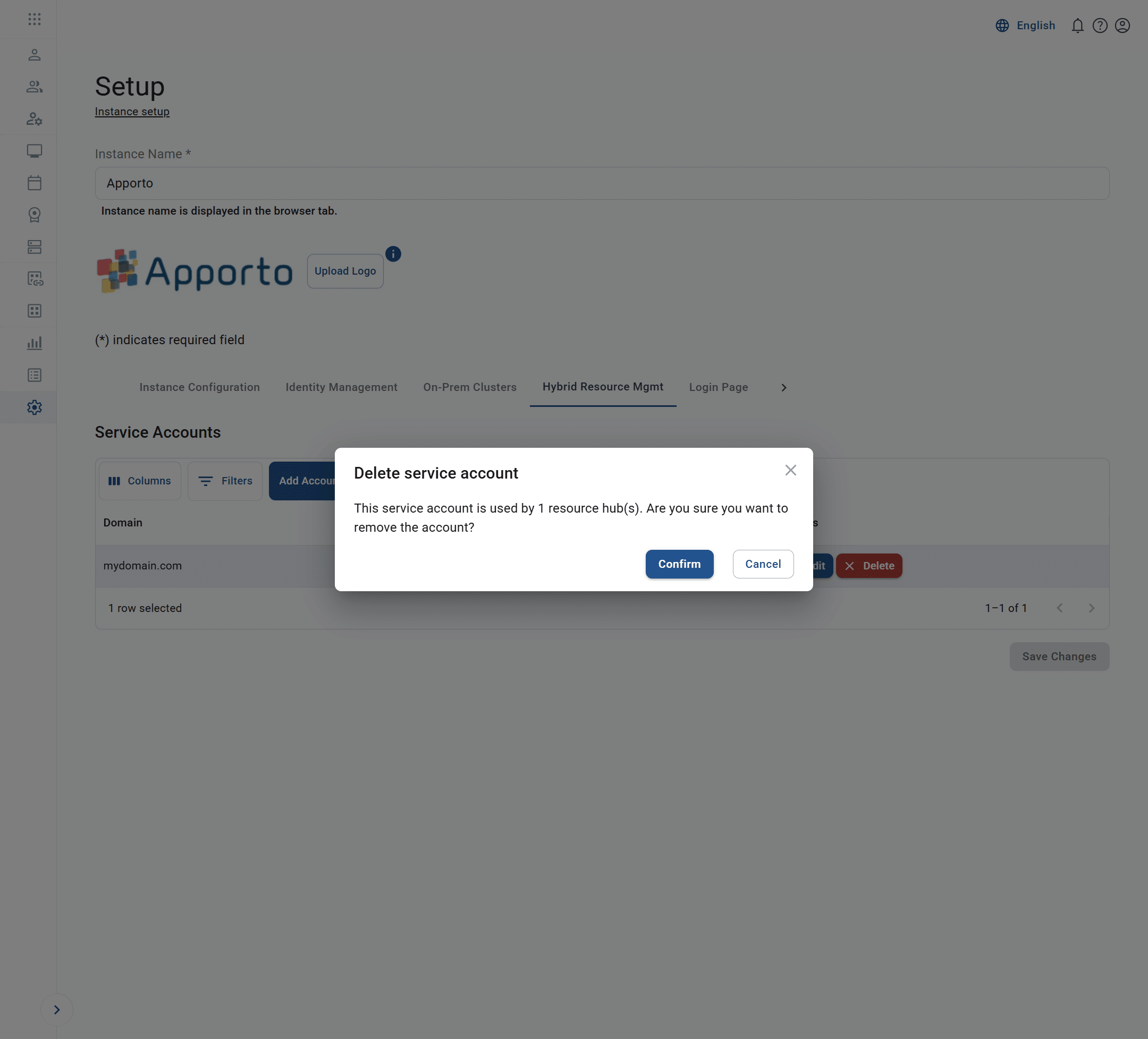 delete service account confirmation pop-up