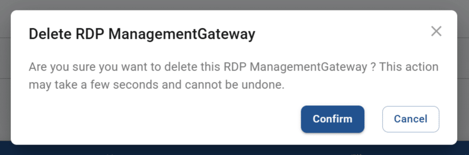 delete RDP management gateway pop-up screen for a resource hub
