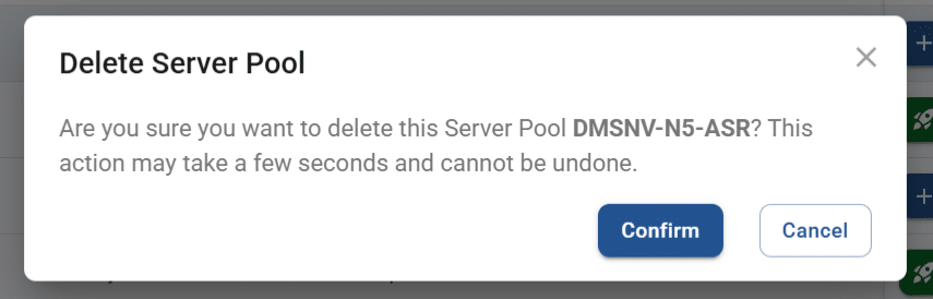delete server pool pop-up screen