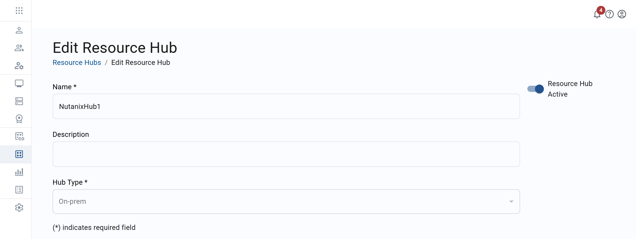 edit resource hub screen for an on-prem hub