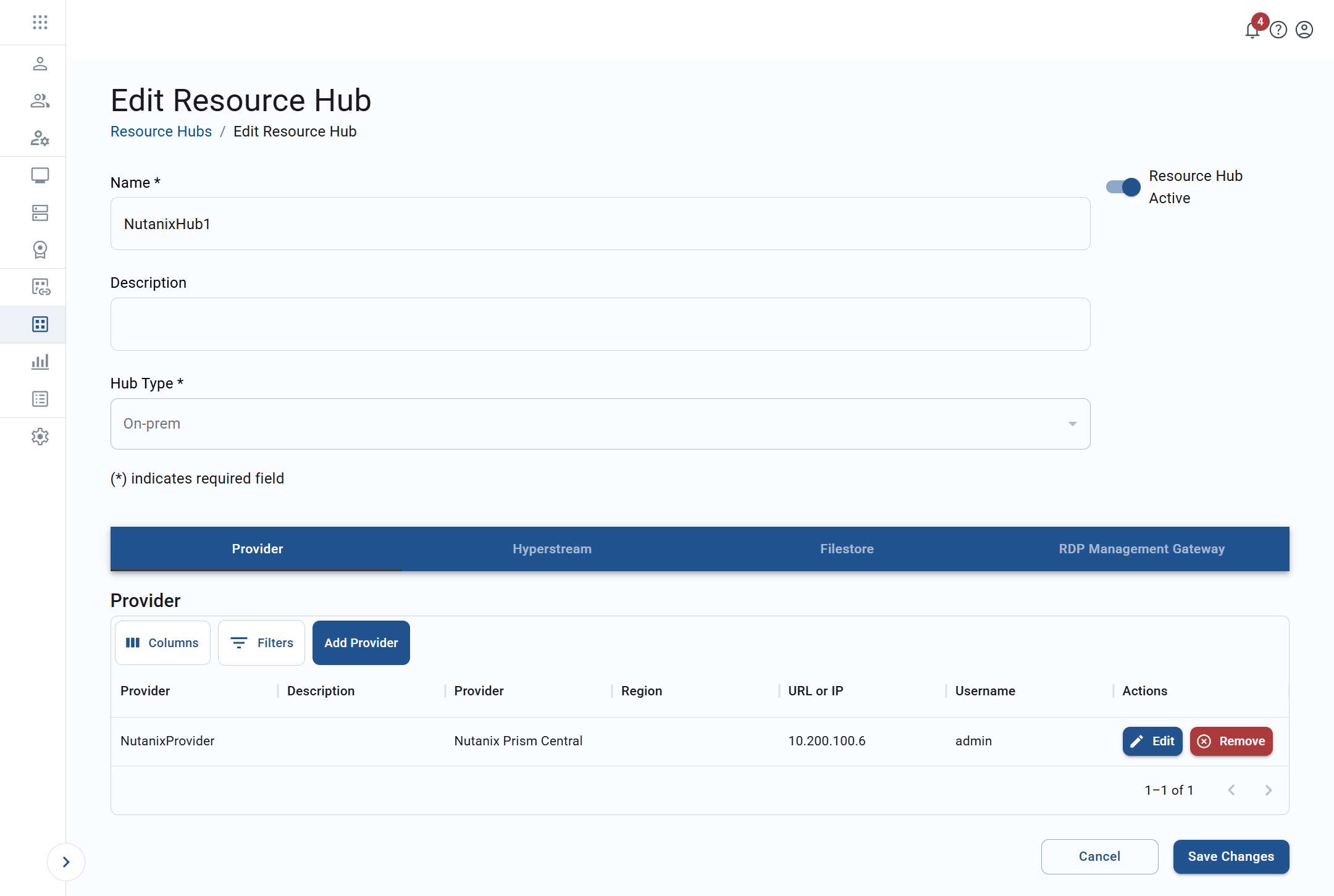 edit resource hub screen for an on-prem hub