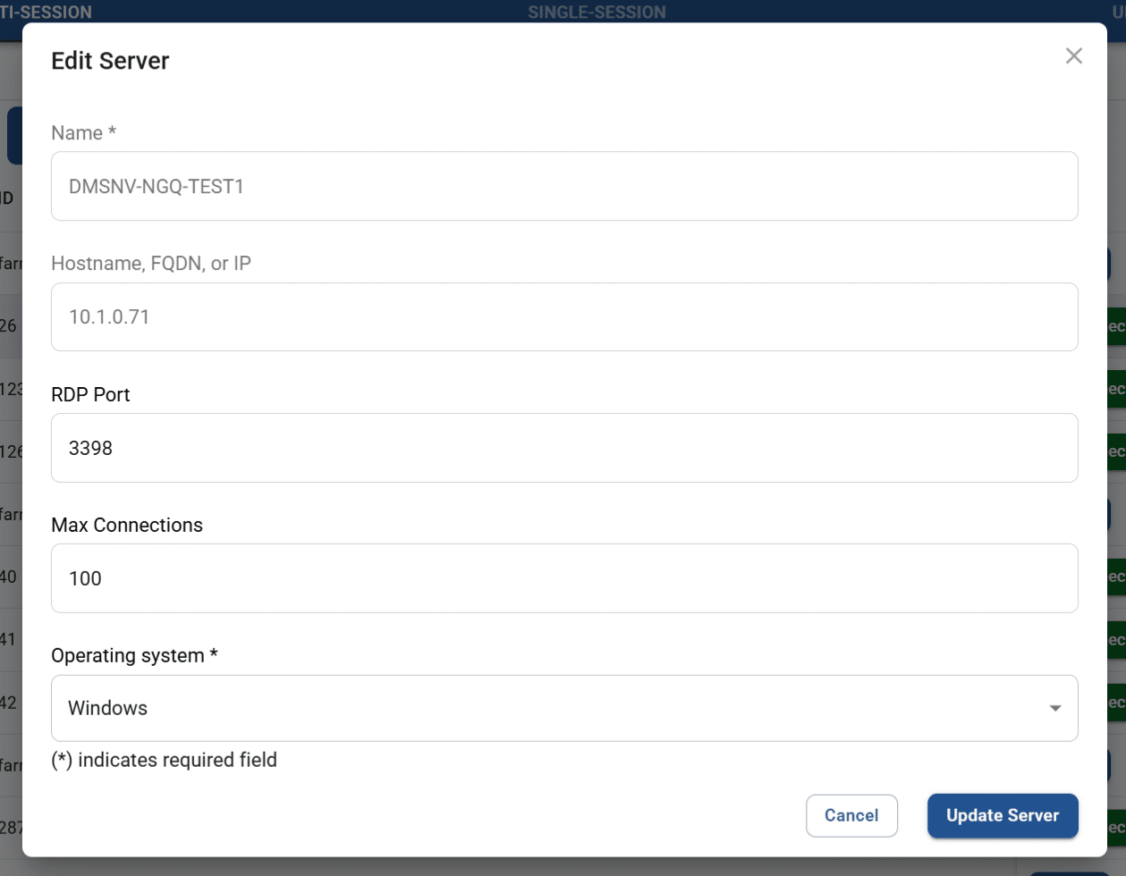 edit server screen for a multi-session server