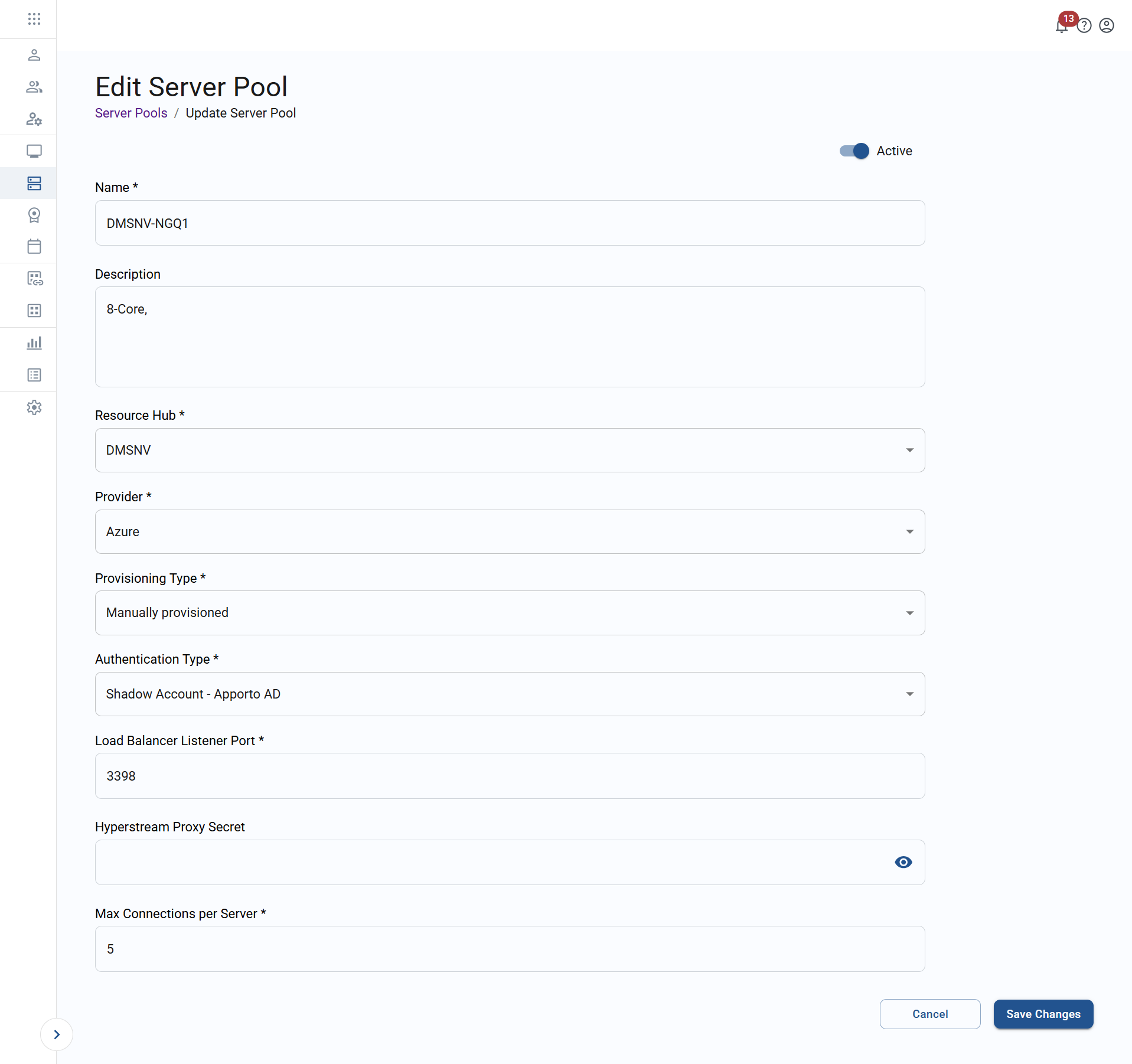 edit server pool screen