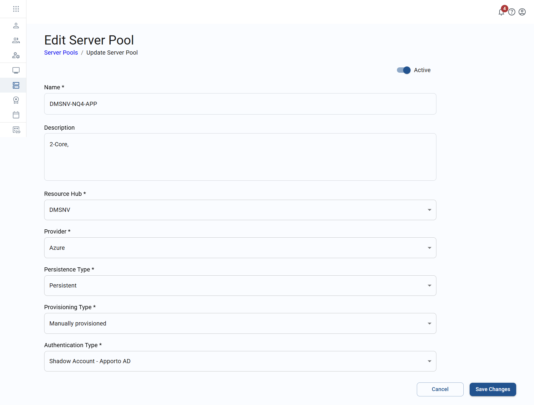 edit server pool screen for single-session