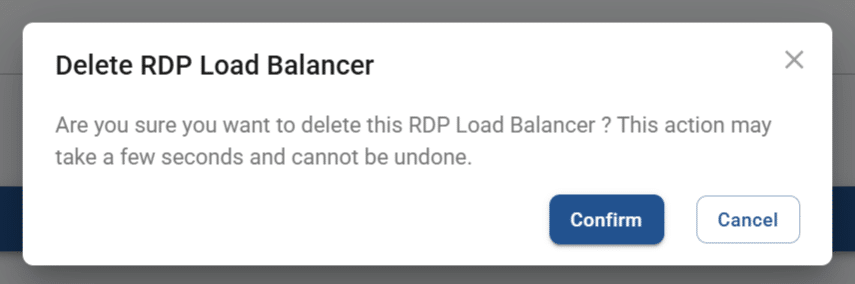 delete RDP load balancer pop-up screen for a resource hub
