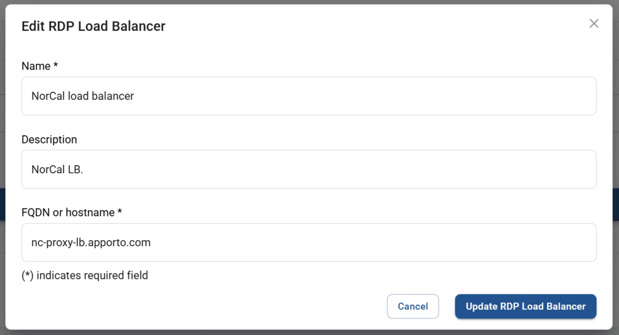 edit RDP load balancer pop-up screen for a resource hub