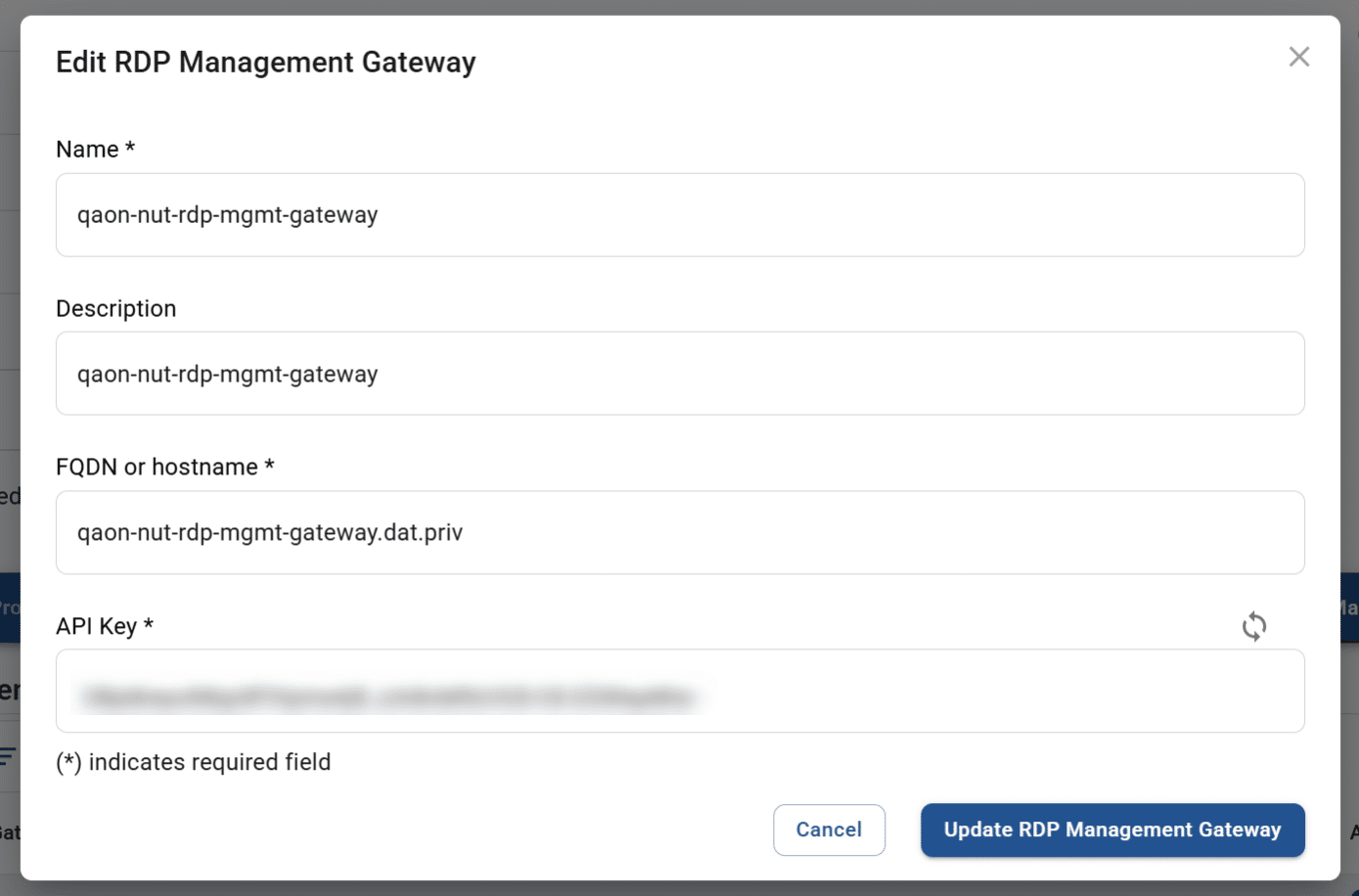 edit RDP management gateway pop-up screen for a resource hub