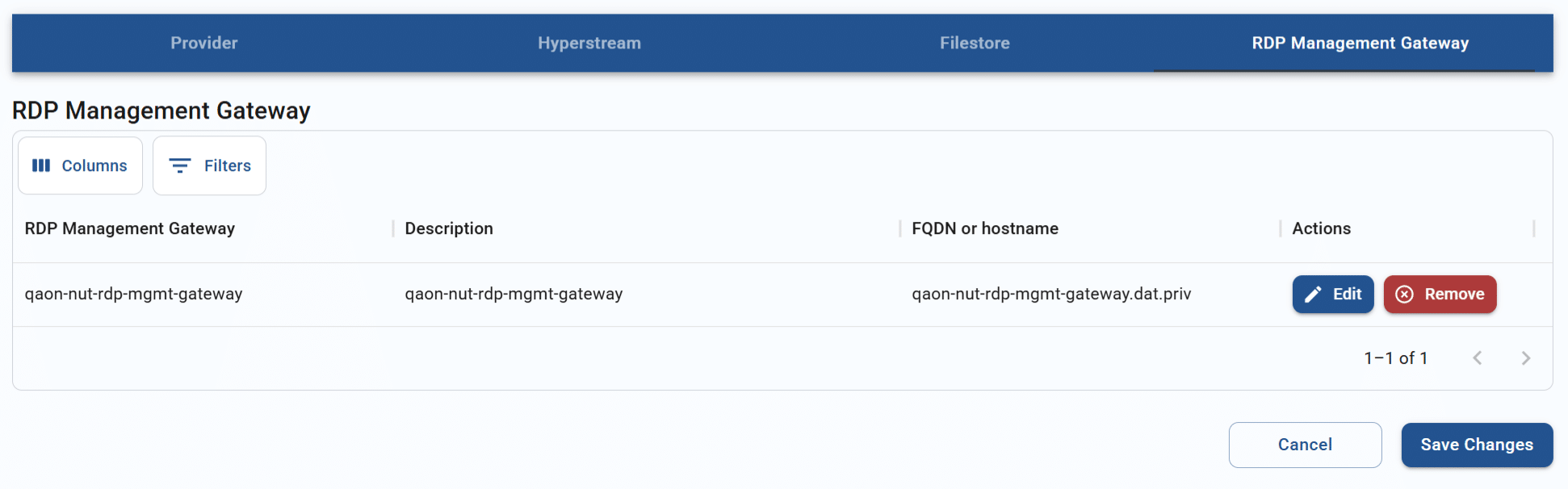 RDP management gateway tab for a resource hub