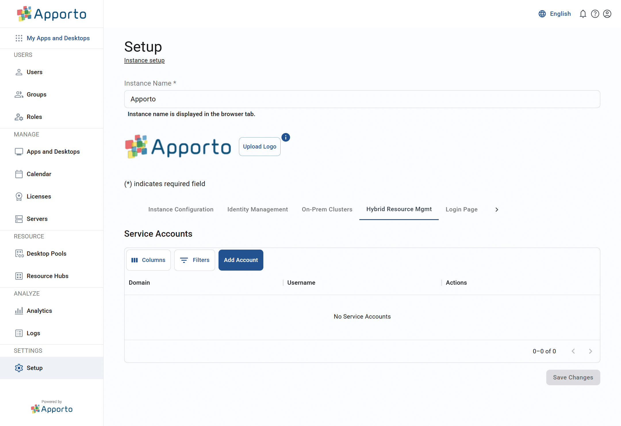 hybrid resource management tab on setup screen