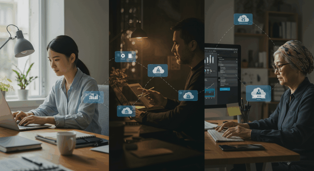 Professionals working remotely on cloud-connected devices, representing real-world use of Citrix alternatives for remote desktop access.