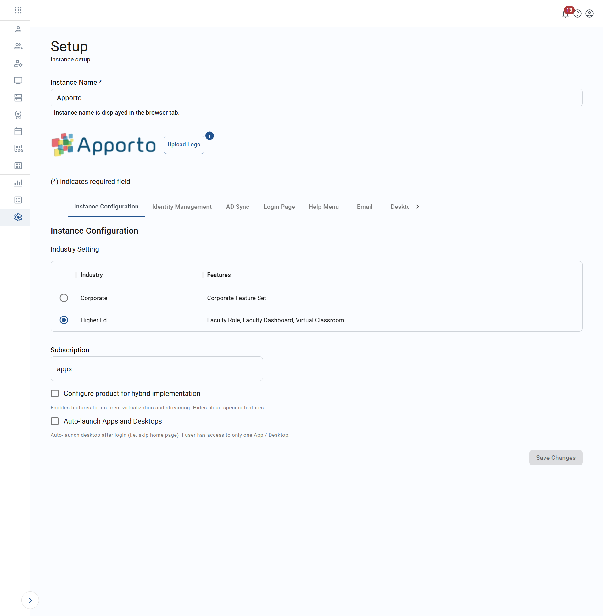 instance configuration tab in setup