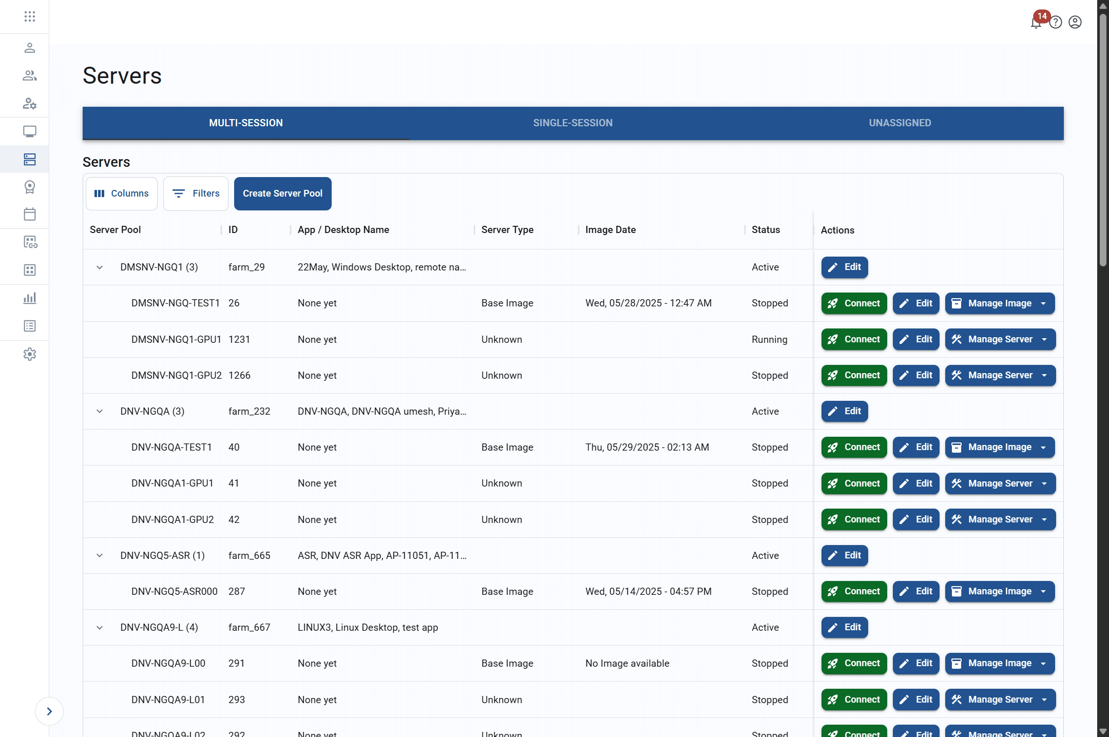 multi-session tab on the servers screen