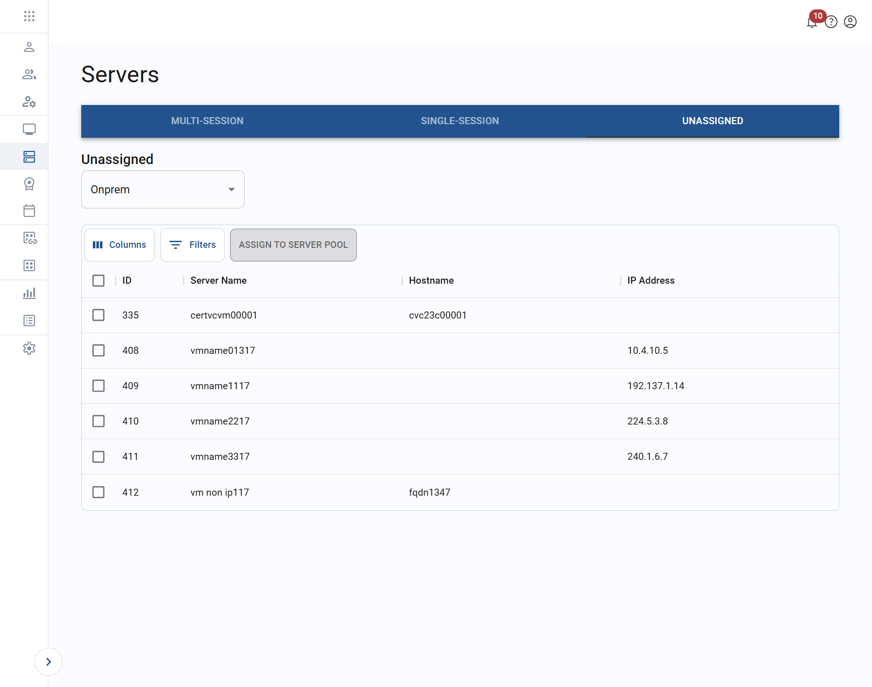 unassigned tab within the servers page
