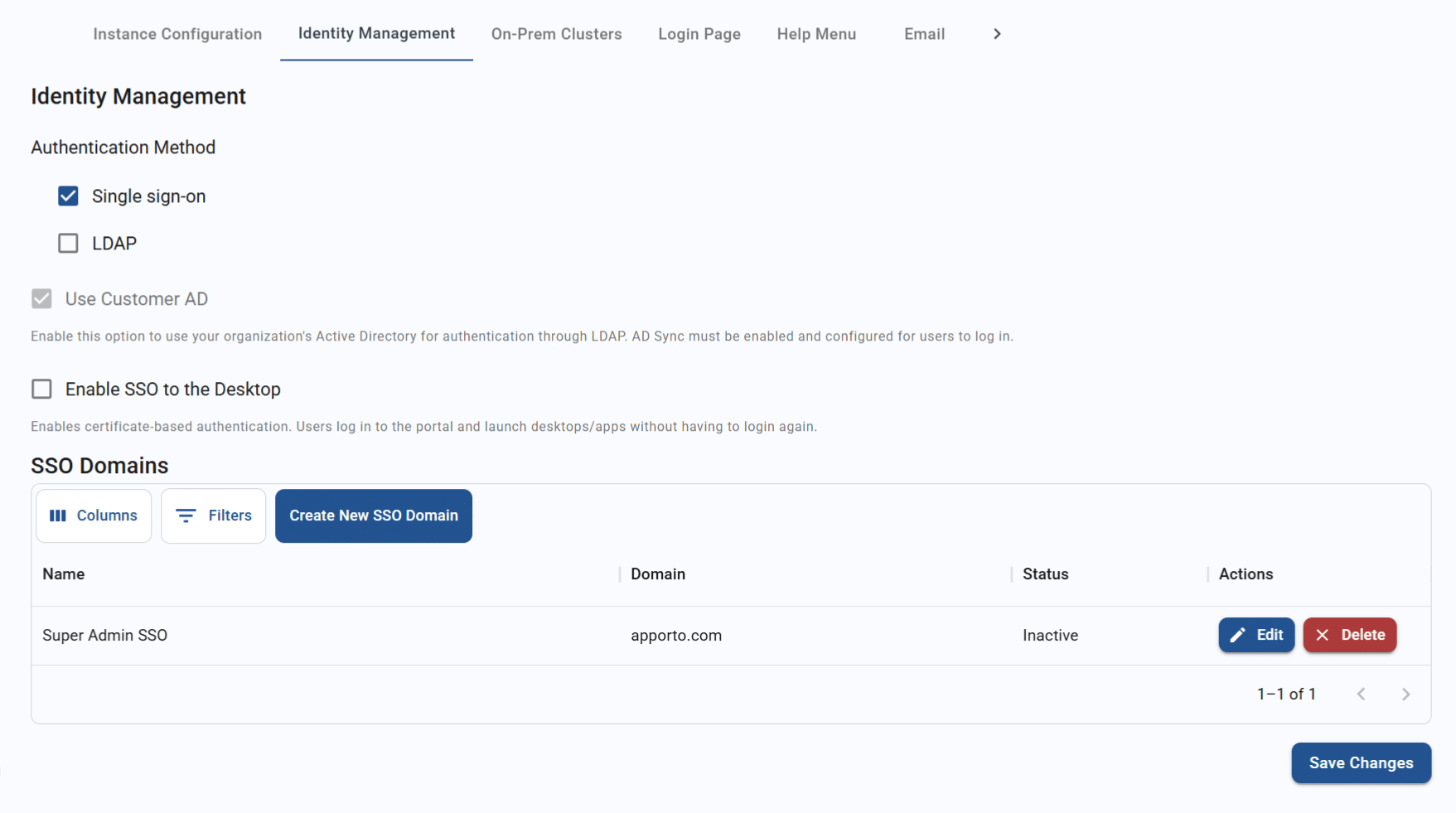 SSO auth method is selected