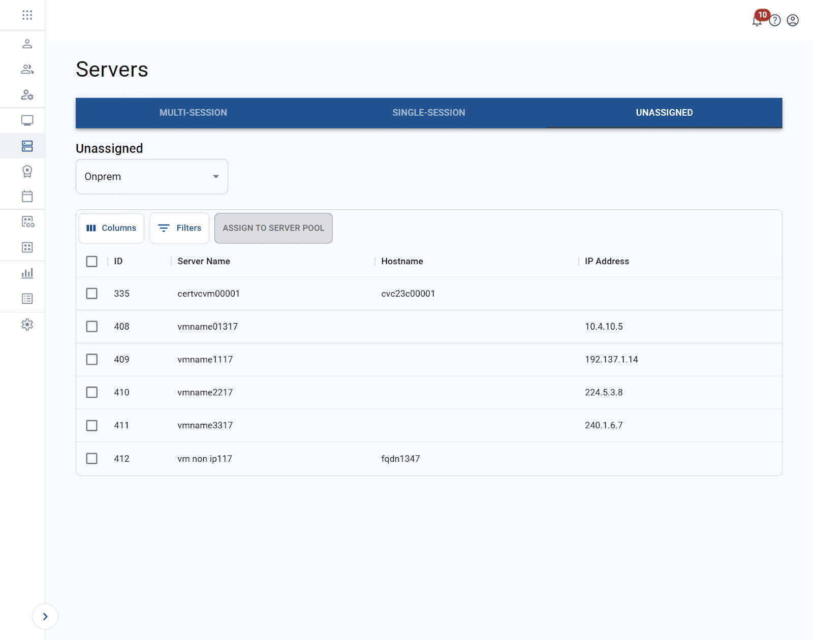 unassigned tab on the servers screen